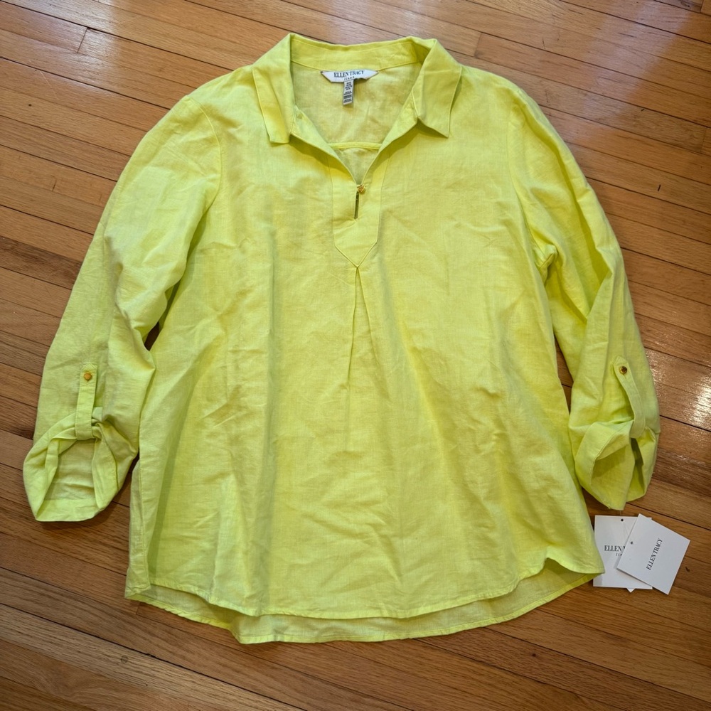 Ellen Tracy Yellow Linen Blouse XL NWT